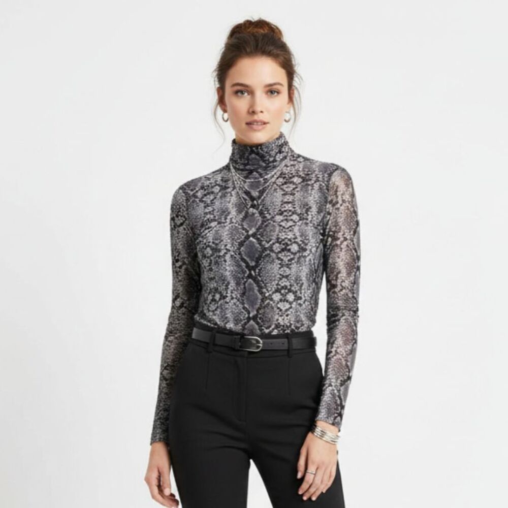 Bershka Gray & Black Sheer Long Sleeve Animal Snake Print Top M